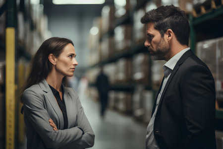 Side view of a serious young businessman and businesswoman looking at each other in a warehouse. This is a freight transportation and distribution warehouse. Industrial and industrial workers conceptの素材
