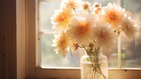 beautiful bouquet of dahlias in a vase on the windowsillの素材