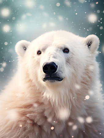 Polar bear portrait. Snowfall. Snowflakes. Snow.の素材