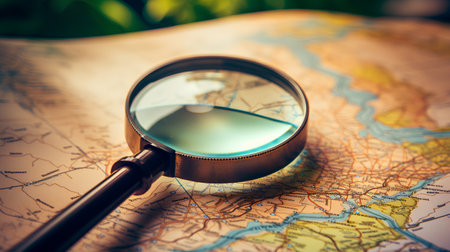 Magnifying glass on a map of the world. Selective focus.の素材
