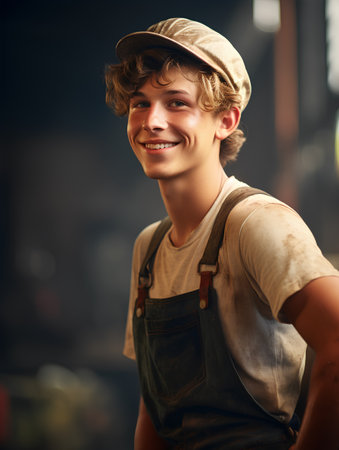 Portrait of a handsome young man in overalls and cap.の素材