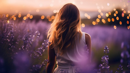 Beautiful young woman in lavender field at sunset, back viewの素材