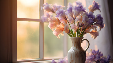 Bouquet of irises in a vase on the windowsillの素材
