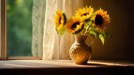 Bouquet of sunflowers in a vase on the windowsillの素材