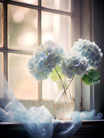 Bouquet of blue hydrangea flowers in glass vase on windowsillの素材