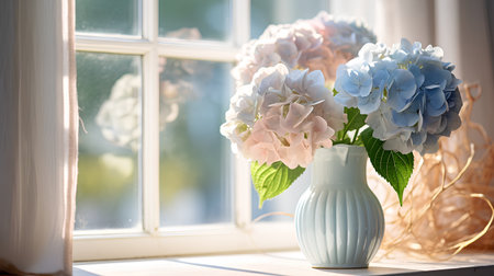 Beautiful hydrangea flowers in vase on windowsillの素材