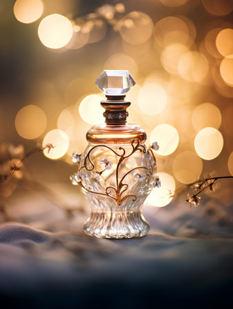 Perfume bottle on background of golden bokeh lights.の素材