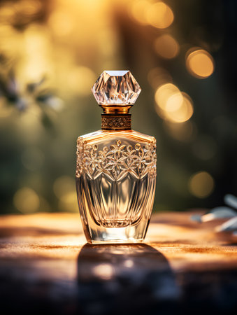 Perfume bottle on wooden table with blurred bokeh background.の素材