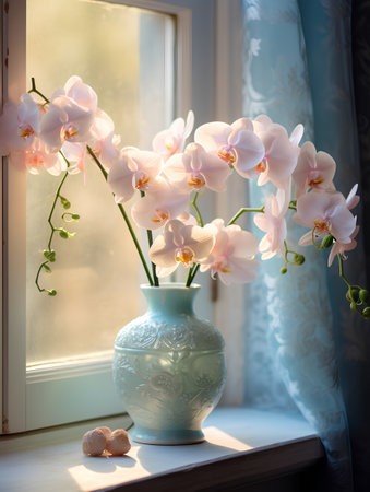 Pink orchids in a vase on the windowsill.の素材