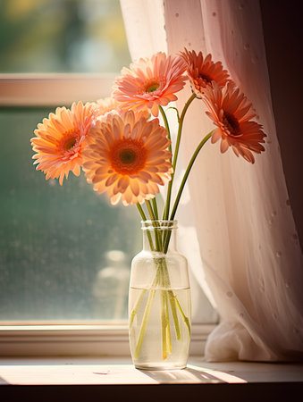 Bouquet of orange gerbera flowers in glass vase on window sillの素材