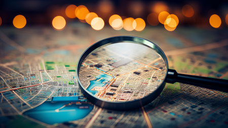 Magnifying glass on the map of the city with bokehの素材