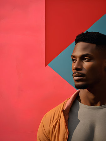 stylish african american man looking at camera on red and blue backgroundの素材