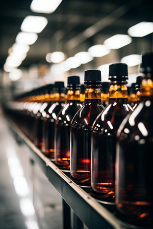 Production of alcoholic beverages. Bottles with alcoholic beverages on conveyor belt in beverage factoryの素材