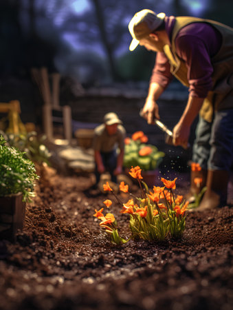 Gardening concept. Little seedlings of tulips in soil. Selective focus.の素材