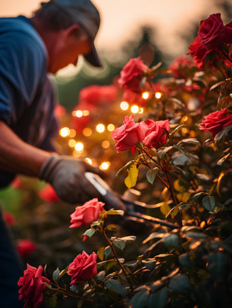 Gardener cutting roses in the garden. Selective focus. nature.の素材