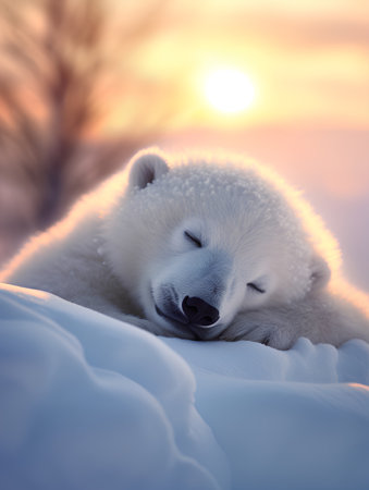 Polar bear (Ursus maritimus) sleeping on the snow at sunset.の素材