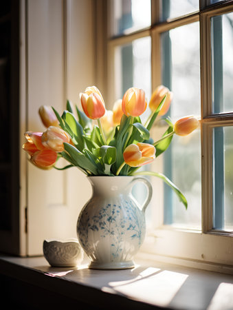 Bouquet of orange tulips in a vase on the windowsillの素材