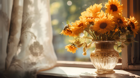 Bouquet of sunflowers in a vase on the windowsillの素材