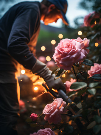 Gardener cutting rose flowers in garden. Gardening concept.の素材