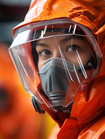 Portrait of a female firefighter wearing a hazmat suit and goggles.の素材