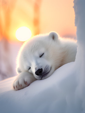 Sleeping polar bear cub in the snow at sunset. Beautiful winter landscape.の素材