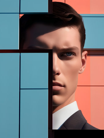 Portrait of a handsome young man in a business suit on a colorful background.の素材