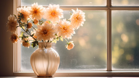 Vase with beautiful dahlia flowers on the windowsill.の素材