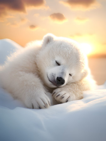 Polar bear sleeping on the snow in the sunset. Polar bear puppyの素材