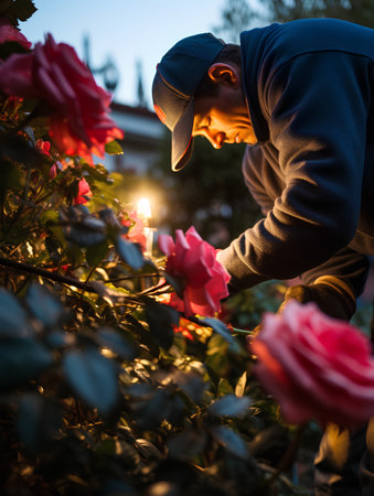 A man is cutting a rose bush in the garden at sunset.の素材