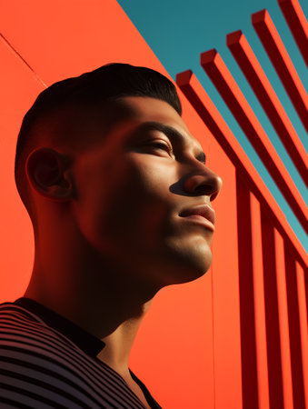 Side view of young man looking away while standing against red and blue backgroundの素材