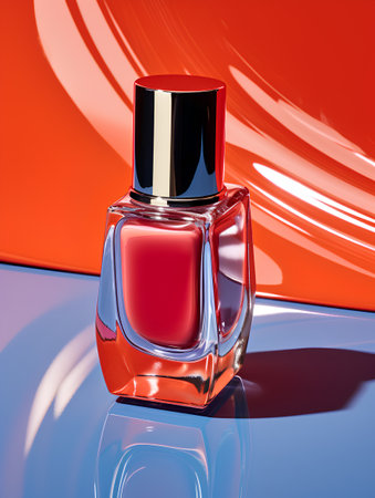 Red nail polish bottle on a red background. 3d rendering.の素材