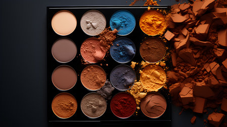 Colorful eyeshadow palette isolated on black background, top viewの素材