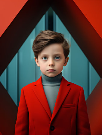 3d rendering of a little boy in a red coat and gray turtleneckの素材