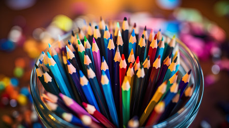 Colorful pencils in a glass vase on a blurred backgroundの素材