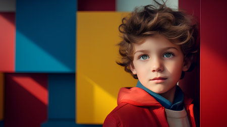 Portrait of a cute little boy in a red coat on a colorful background.の素材