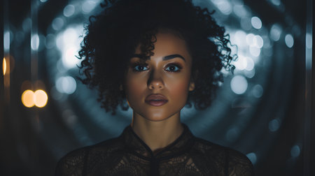Portrait of a beautiful african american woman with curly hairstyle and makeupの素材