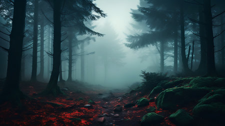 Mysterious dark forest with fog. Halloween concept. 3D Renderingの素材