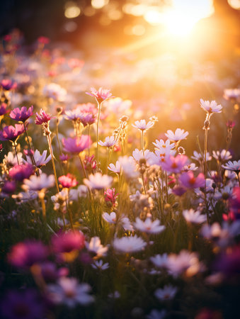 Flower meadow in the rays of the setting sun. Beautiful nature background.の素材