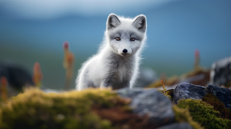 Close-up portrait of a cute arctic fox, Vulpes vulpes, standing in the moss.の素材