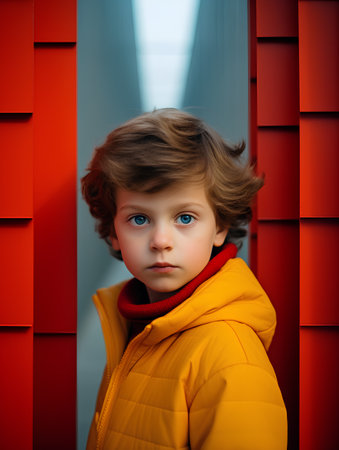 Portrait of a boy in a yellow jacket against the background of a red wallの素材