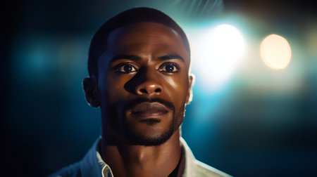Portrait of a young african american man in a nightclub.の素材