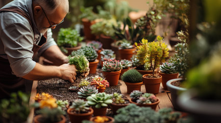 Senior man working with succulent plants in flower shop. Gardening and agriculture conceptの素材