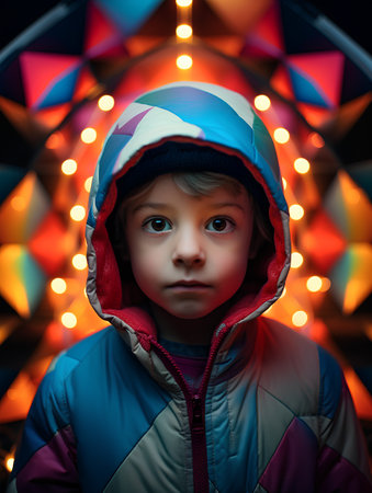 Portrait of a boy in a warm jacket on a background of luminous garlands.の素材
