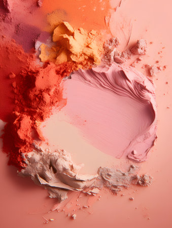 Creative layout made of crushed eyeshadow on pink background.の素材