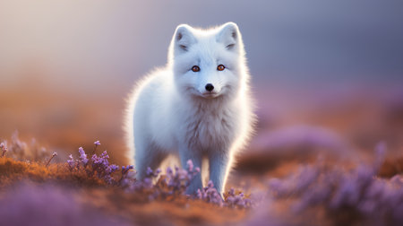 Arctic fox in the field at sunset. 3D illustration.の素材