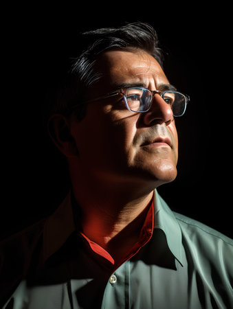 Portrait of a middle-aged man in glasses on a black backgroundの素材