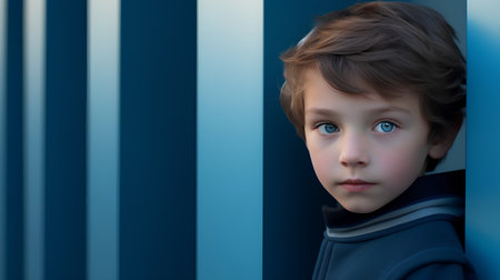 3d rendering of a little boy in a blue coat with blue stripesの素材
