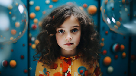 Portrait of a beautiful little girl with curly hair in a bright room with balloons.の素材
