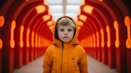 Little boy in a yellow jacket on the background of an orange tunnel.の素材