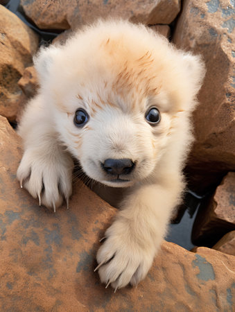 Puppy with blue eyes on the background of stones and rocksの素材